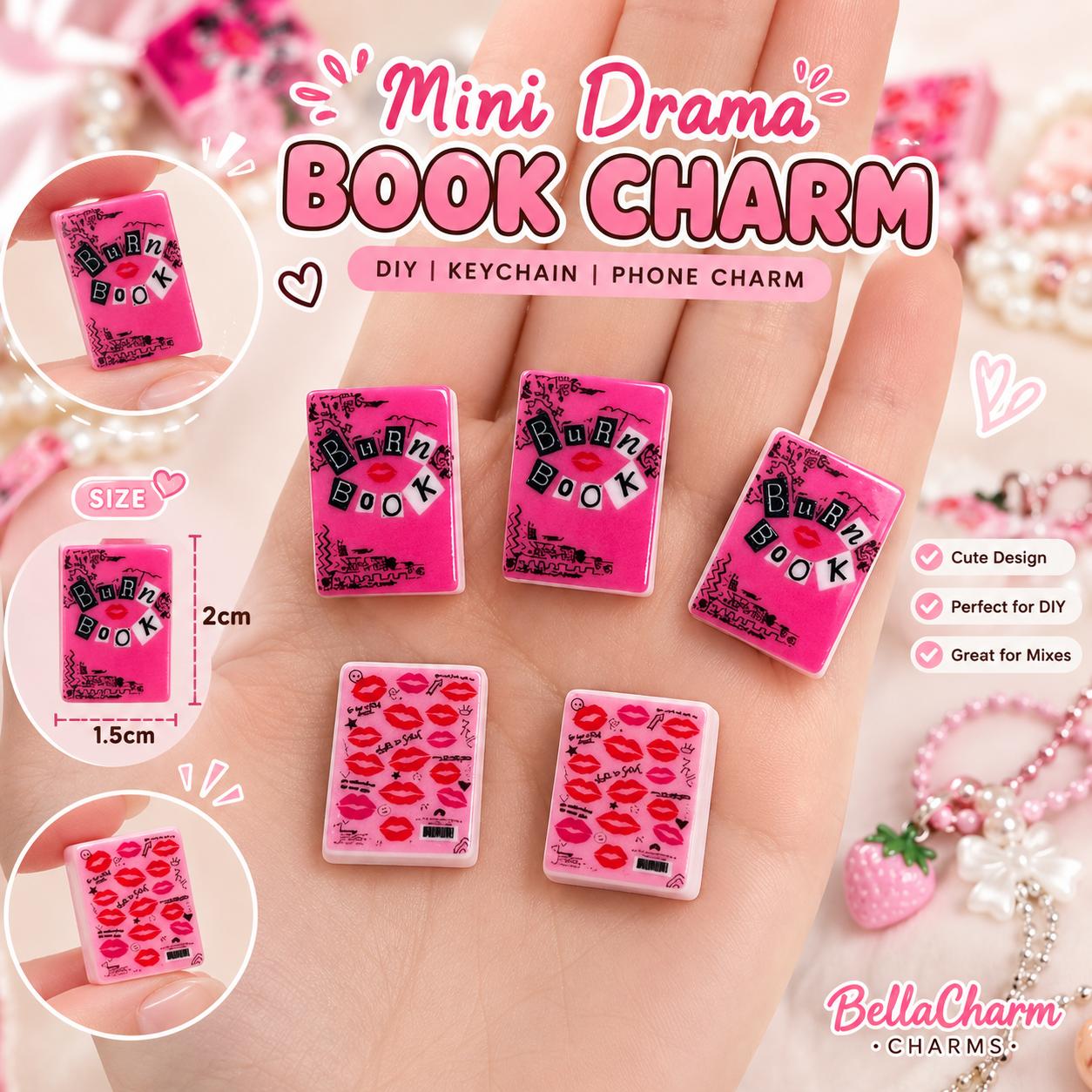 Pink mini drama book charm